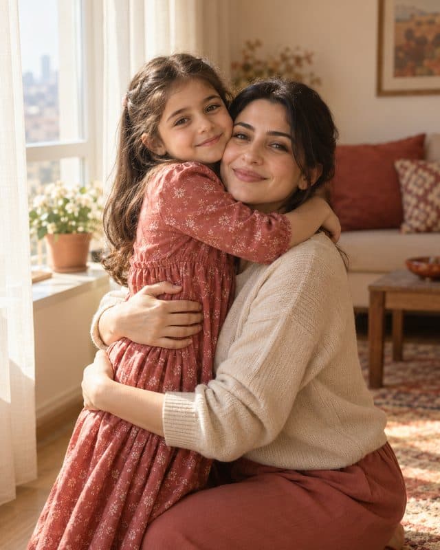 Ana günəşli pəncərənin önündə balaca qızını qucaqlayır (illüstrativ şəkil)