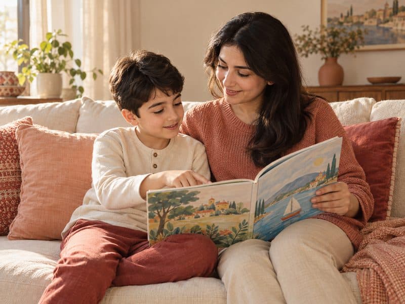 Ana və oğlu divanda yan yana oturub birlikdə kitab oxuyur (illüstrativ şəkil)